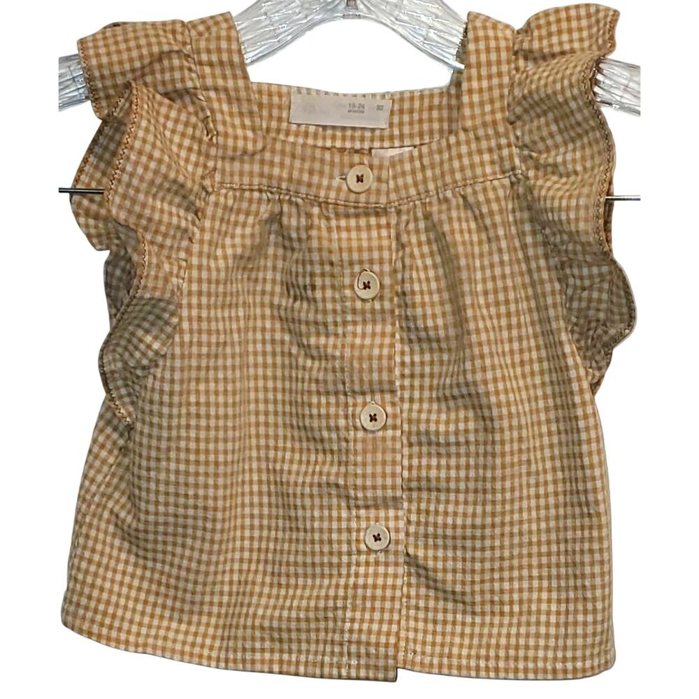 Zara Tan & White Gingham Button Down Flutter Sleeves Shirt 18/24 Months
